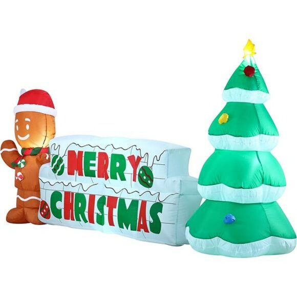 10 ft Inflatable Gingerbread Man & Christmas Tree with Built-in LEDs - Picture 1 of 7